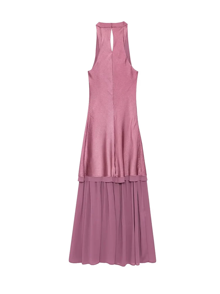 TFMLN Summer Women's Splicing Solid Color Long Elegant Patchwork Design Slimming Swinging Collar Sleeveless Temperament Dress