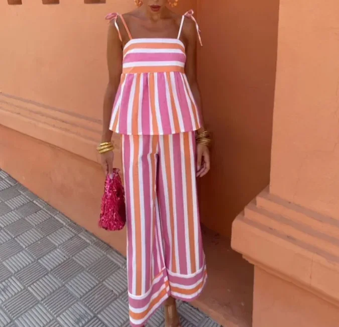

Women Casual Color Blocking Pant Suit Sexy Halter Sleeveless Top Elastic Waist Straight Pants 2 Piece Sets Summer Lady Outfits