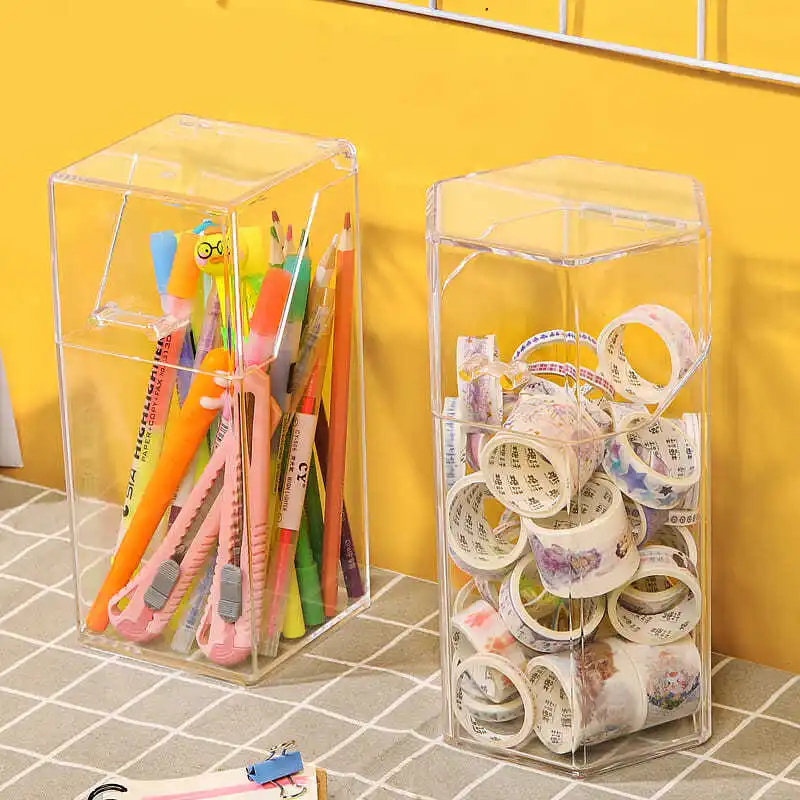 Desktop Organiser Home Office Storage Box Acrylic Transparent Multifunction Pen Holder Stationery Storage Waterproof Dustproof