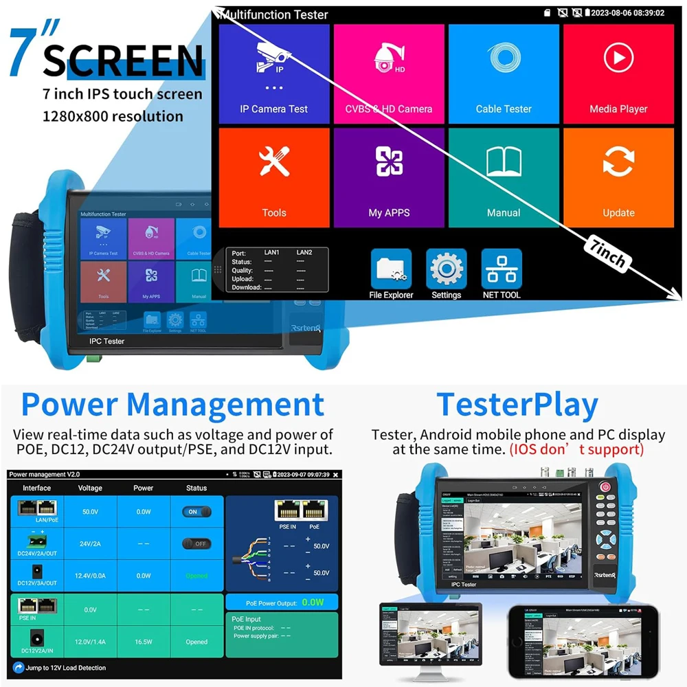 Noyafa 7inch CCTV IPC Tester 8MP AHD CVI TVI SDI Camera Tester VGA HDMI Input IPC716ADHS Camera Security Monitoring Cable