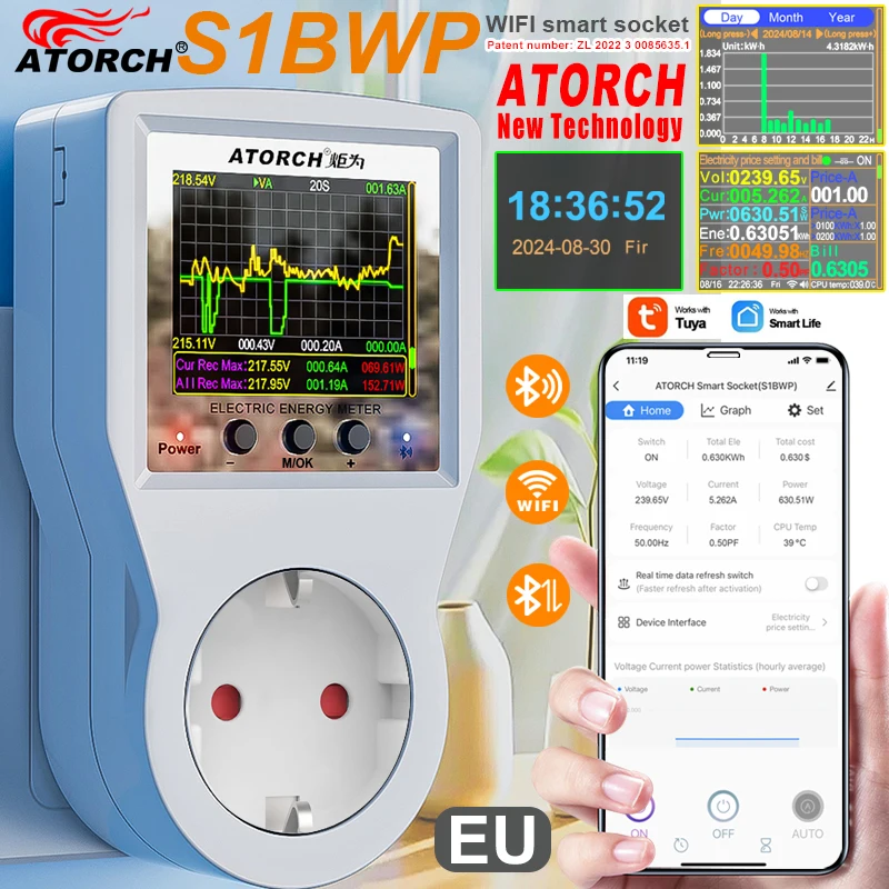ATORCH AC85-265V 16A Tuya WiFi Smart EU Socket Voltmeter Ammeter Power Meter Curve Electricity Bill Energy Consumption Analyzer Monitor