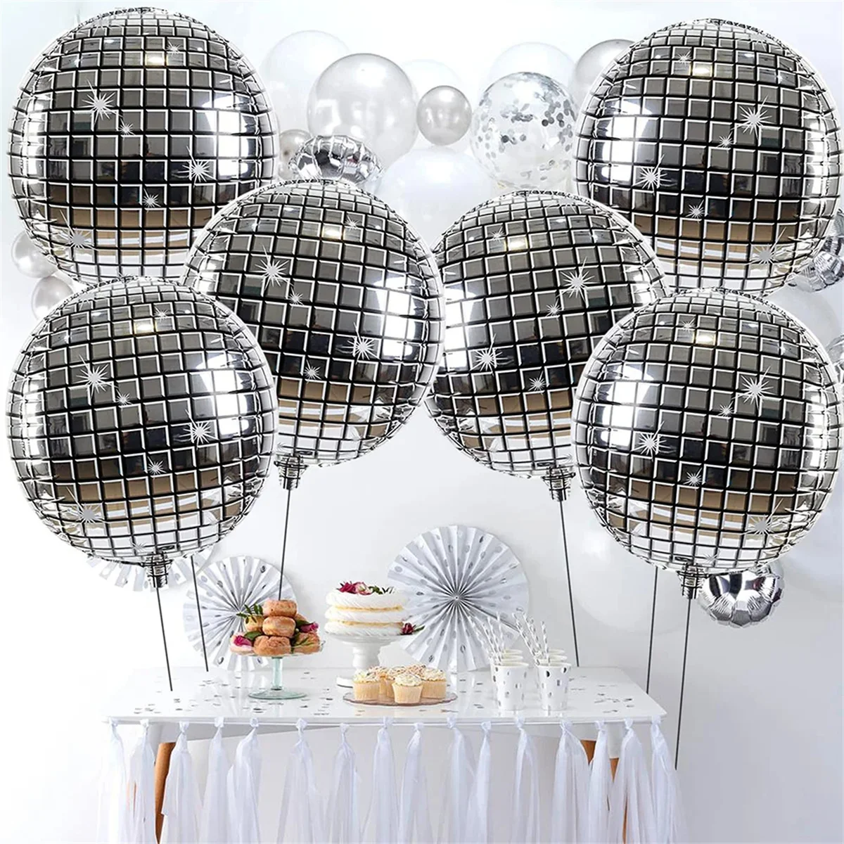 Set of 6 Large 22-Inch 4D Silver Laser Disco Balloons