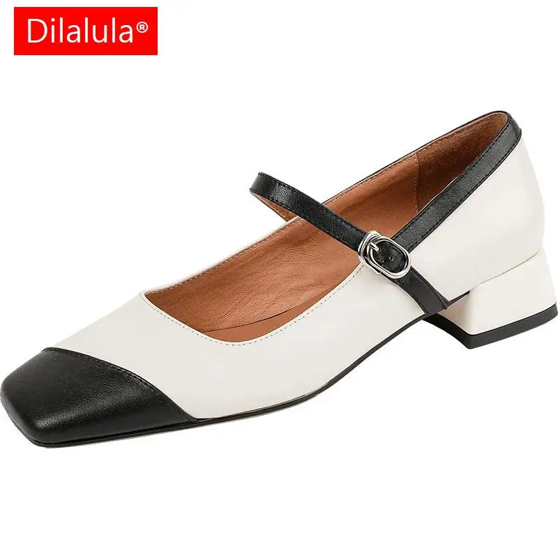 

Dilalula Spring Summer Vintage Women Pumps Office Ladies Casual Low Heels Mixed Colors Genuine Leather Mary Janes Shoes Woman