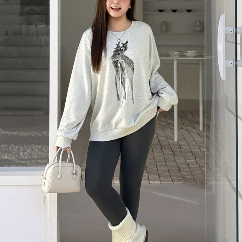 Fashion Plus Size Women's Hoodies Premium Casual Autumn Loose Round Neck Deer Print Sweatshirt 9285