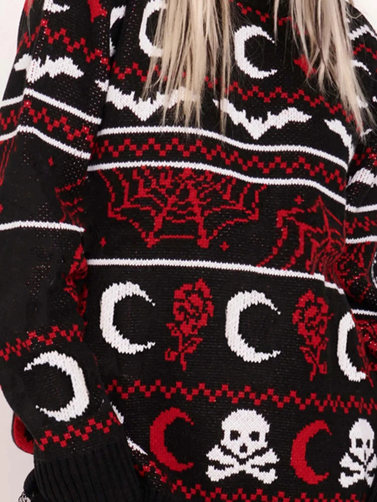 Yangelo Gothic Moon Skull Pattern Sweater Women's Knit Top Loose Long Sleeves Warm Autumn Winter Street Fashion Girls Pullover