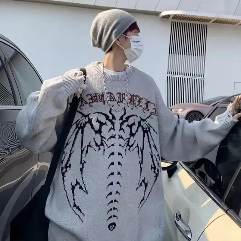 Autumn KPOP Fashion Style Harajuku Slim Fit Tops Loose Casual All Match Pattern Knitwear Insert Printed Long Sleeve Sweaters
