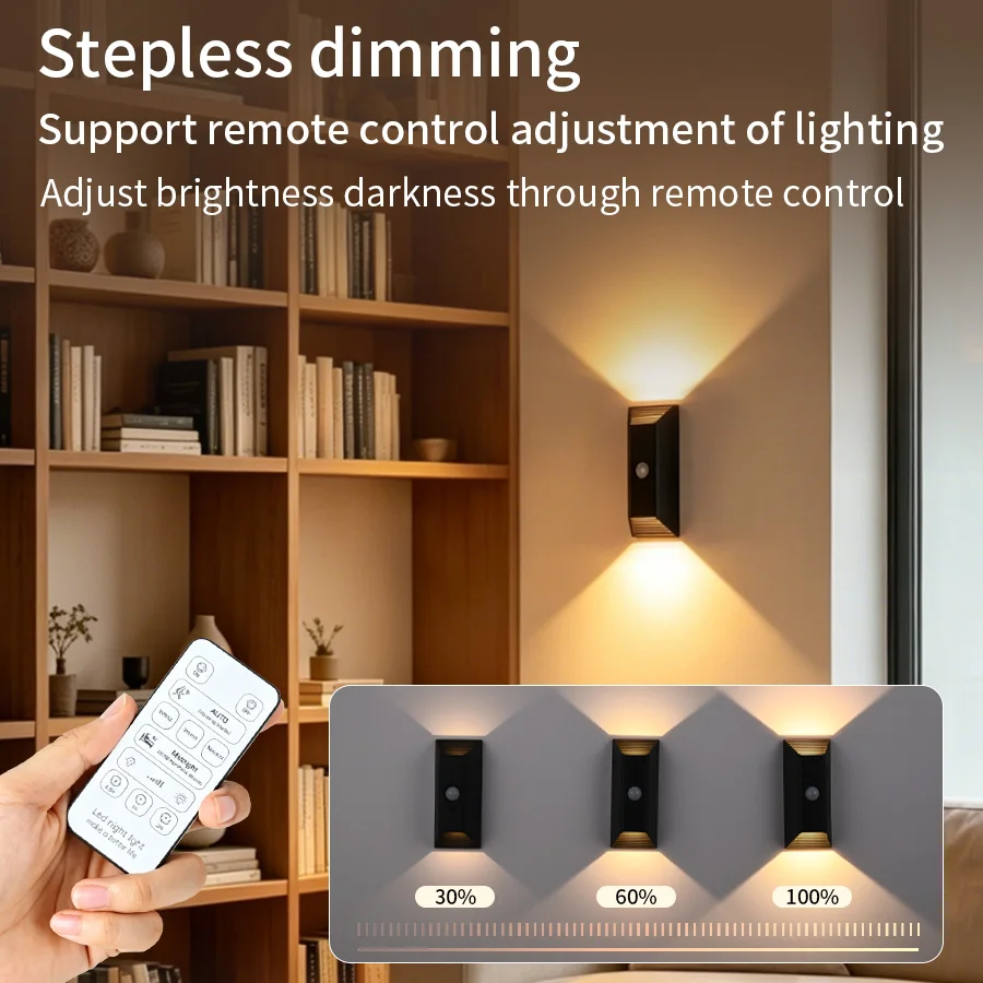 충전식 모션센서 벽등 2000mAh 마그네틱 LED 야간등, 리모컨으로 밝기 조절 가능, 3색, 계단, 침실, 복도용
