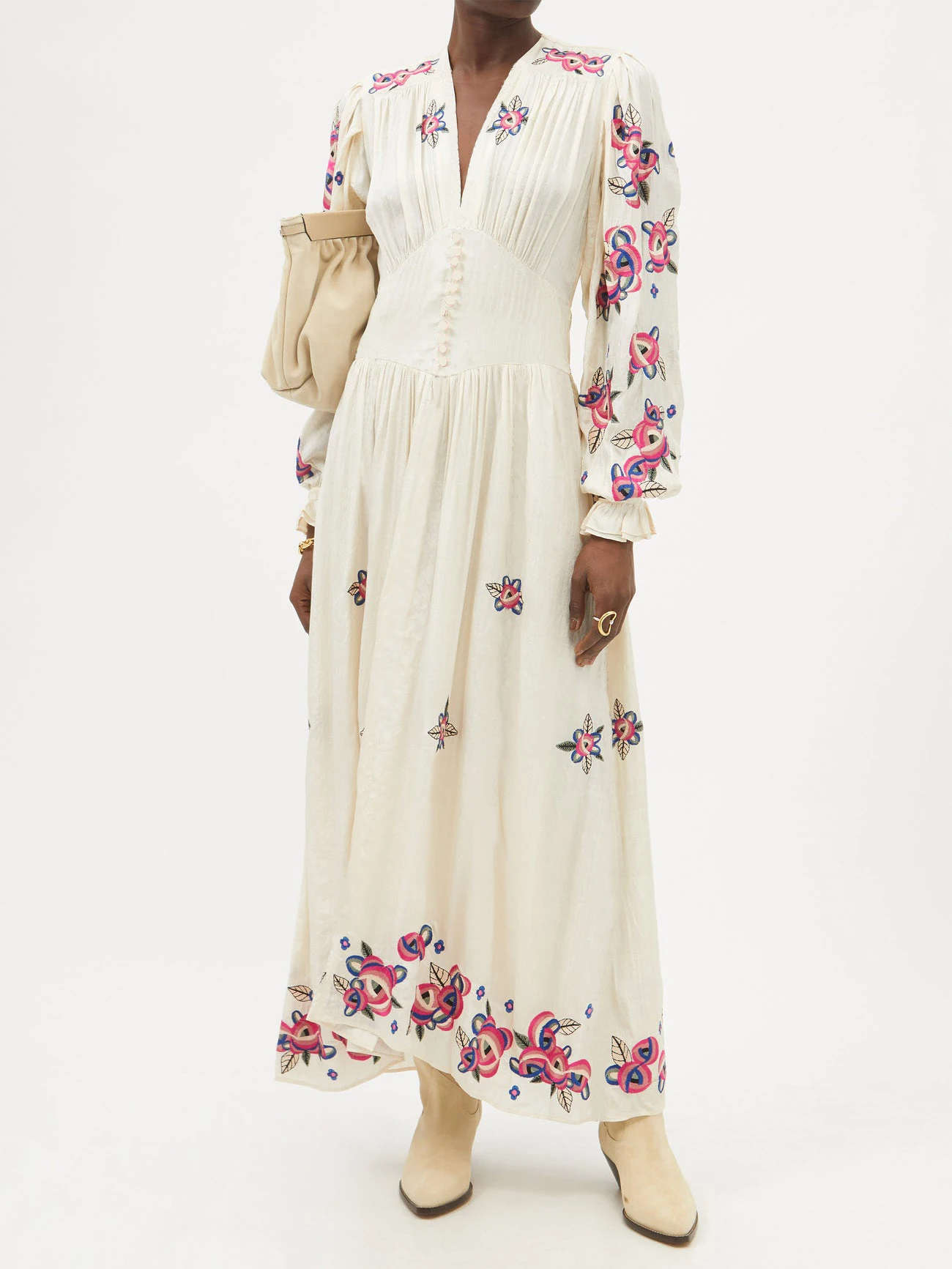 

AYUALIN High Waist Deep V Neck Boho Lantern Long Sleeve Dresses 2023 Vestidos Cotton Floral Embroidery Dresses Women Party Robe