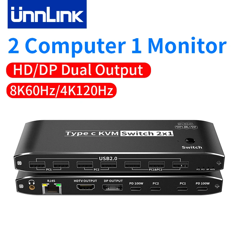 

Unnlink 8K USB C to HDMI DP KVM Switch 4K120Hz Video Switcher with RJ45 Network Port PD 100W Charge for 2 PC to 1 TV Monitor