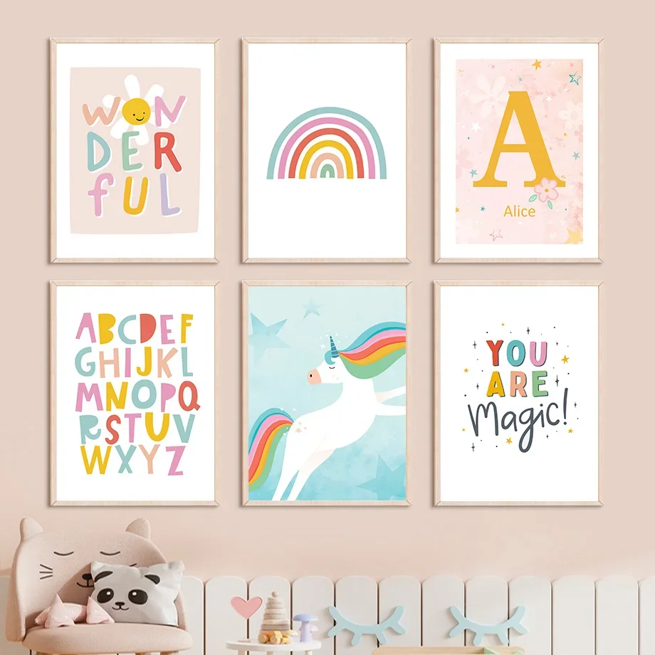 

Cartoon Unicorn Rainbow Alphabet Name Custom Colorful Wall Art Canvas Painting Posters And Prints Wall Pictures Kids Room Decor