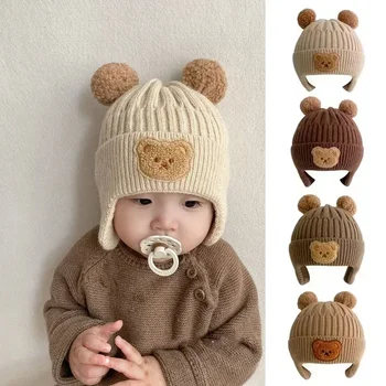 Baby wool hat cute bear ear protection hat children winter thickened warm knitted Korean version of the baby hat 1