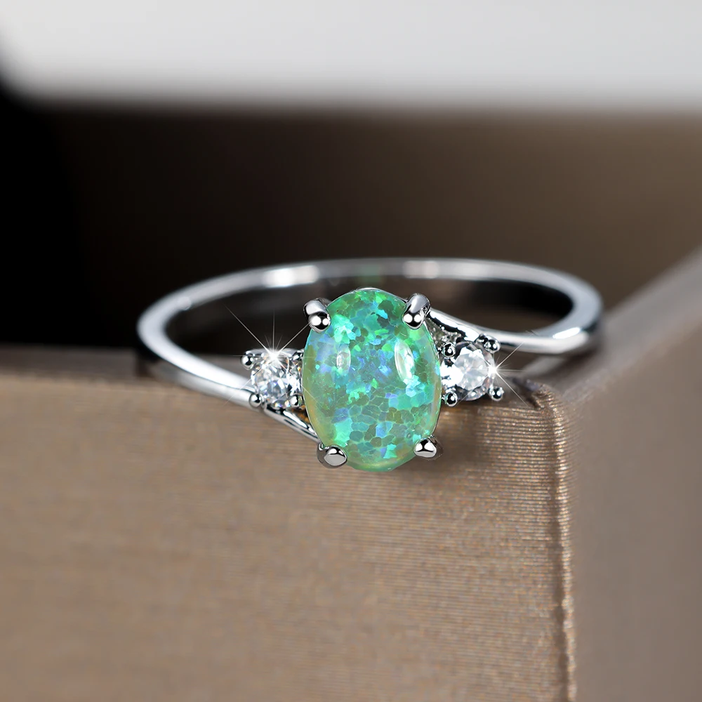 Cute Female Green Fire Opal Oval Stone Ring Fashion Silver Color Wedding Engagement Jewelry For Women
