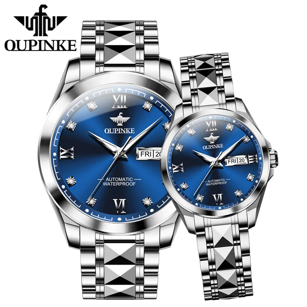 OUPINKE 3262 Mechanical Couple Watch Fashion Business Dual Calendar Deep Waterproof Wristwatch Stainless Steel Luxury Watches