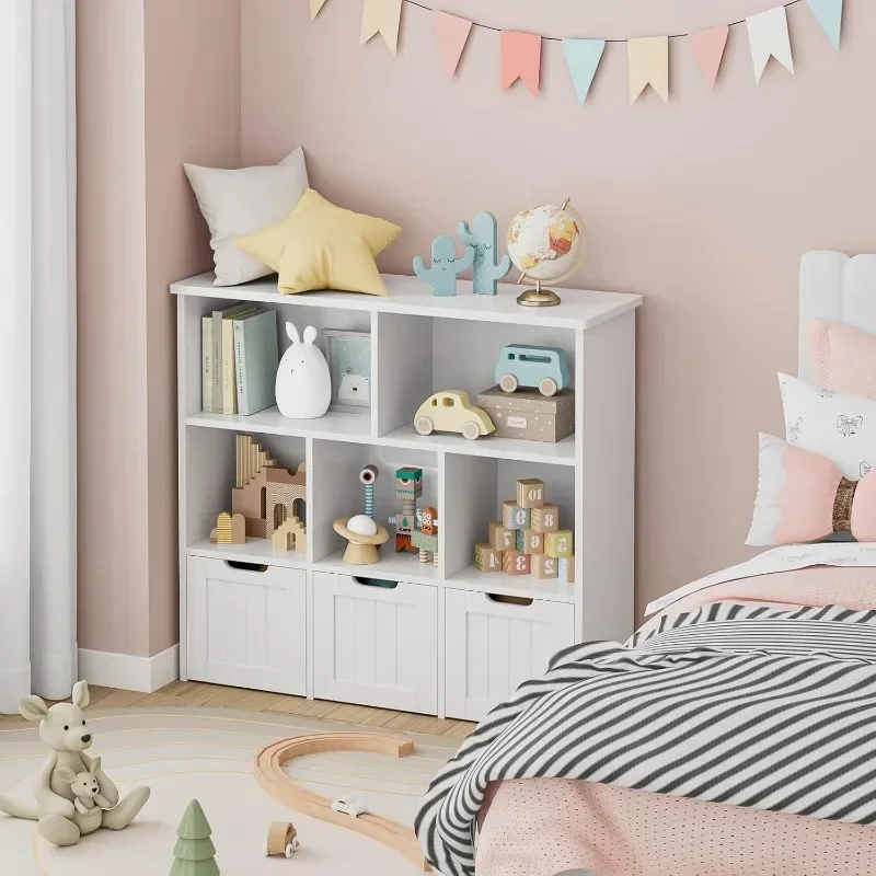 For Toy Storage Organizer with 3 Movable Drawers, Floor Storage Cabinet Toy Chest with Hidden Wheels and 5 Storage Cubbies