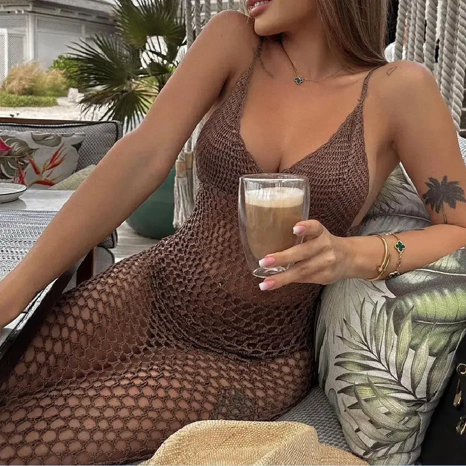 

Yiiciovy Sexy Women Knitted Beach Bikini Cover Ups Crochet V-neck Backless Dress Bikini Swimsuit Bathing Suit Summer Beachwear