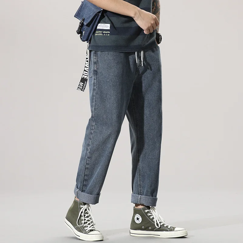 Jeans Men Autum Summer Baggy Thin Street Ruffian Handsome Loose Pants Straight Drop Vintage Denim Distressed  Blue Elastic Waist