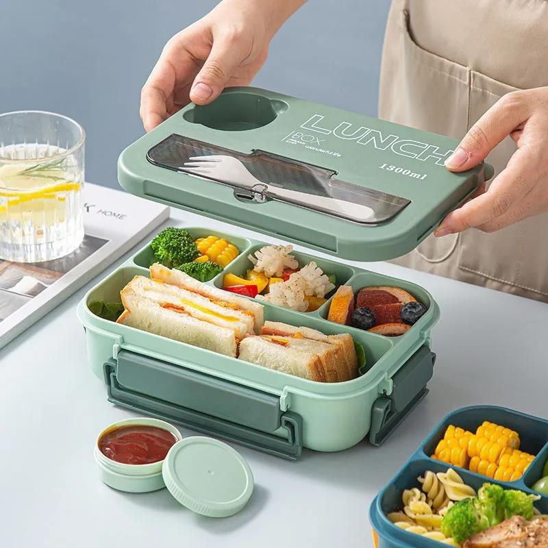 Lunch Box Compartment 1300ML Portable Kids Students Office Bento Box With Fork and Spoon Microwave Food Storage Container