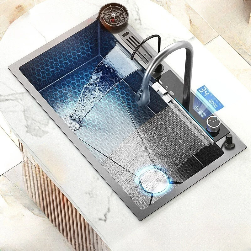Kitchen Sink Stainless Steel Embossed  Large Single Slot Digital Display Waterfall Sink Multifunctional Dishwashing Sinks 6