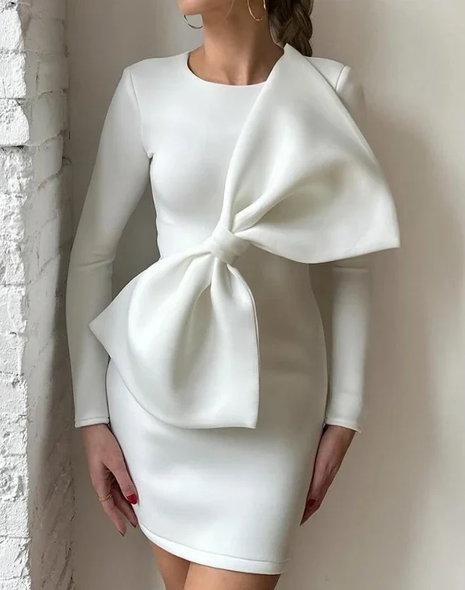 

White Dress Women 2024 Autumn Fashion Bowknot Decor Casual Long Sleeve O-neck Elegant Temperament Party Bodycon Dresses Female