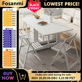 Foldable Dining Table For Small Household Folding Table To Save Space Movable 1.3m Wood Table With 0/2/4 Chair Combination Set