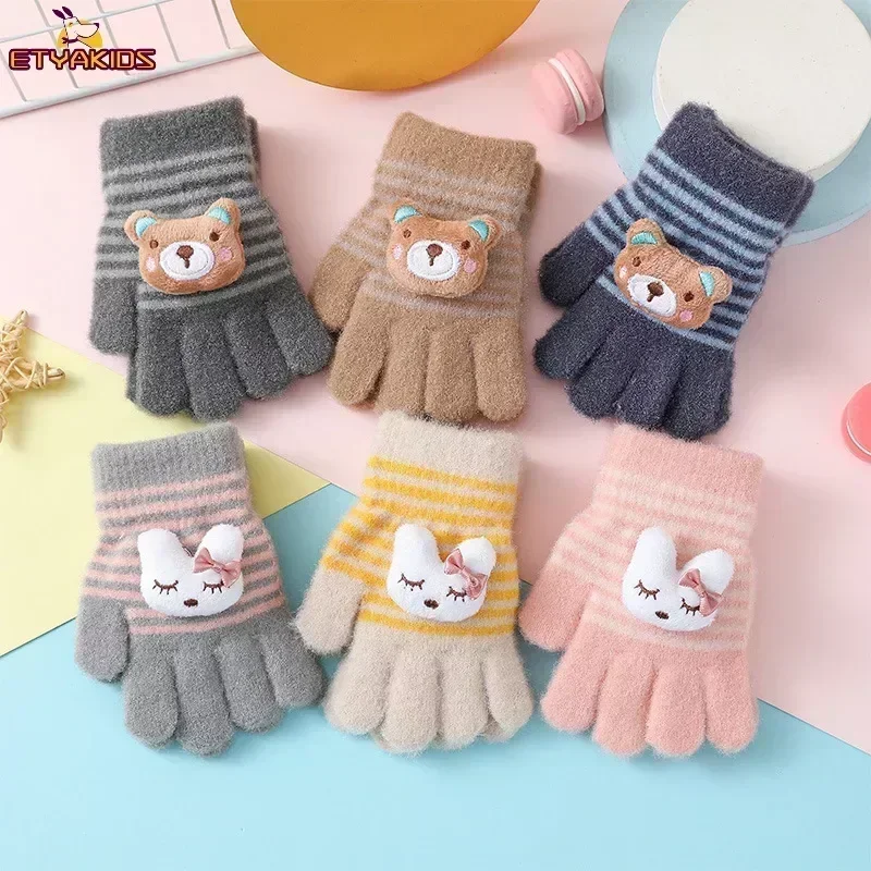 Cute Cartoon Rabbit Bear Winter Warm Kids Gloves 1Pairs Kindergarten Boys Girls Five Finger Knitted Gloves for 3 To 6 Years winter gloves