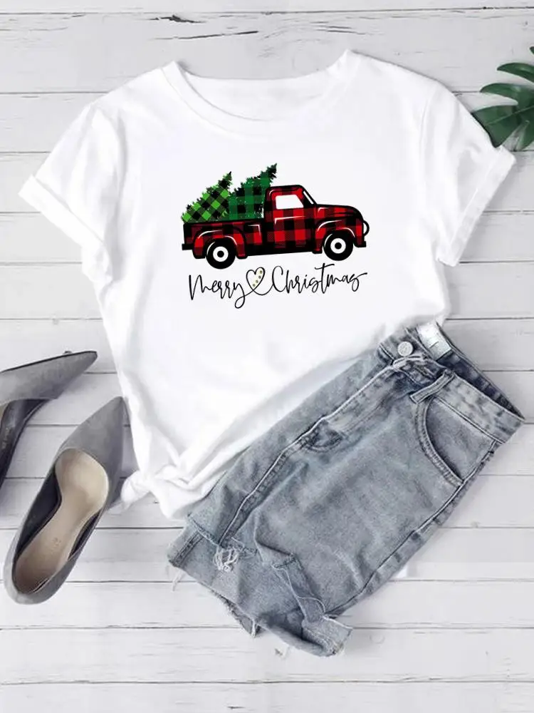 

T-Shirts Lady Clothing Tee New Year Printed Christmas Plaid Truck Tree Trend 90s Women Fashion Short Sleeve Graphic T Top