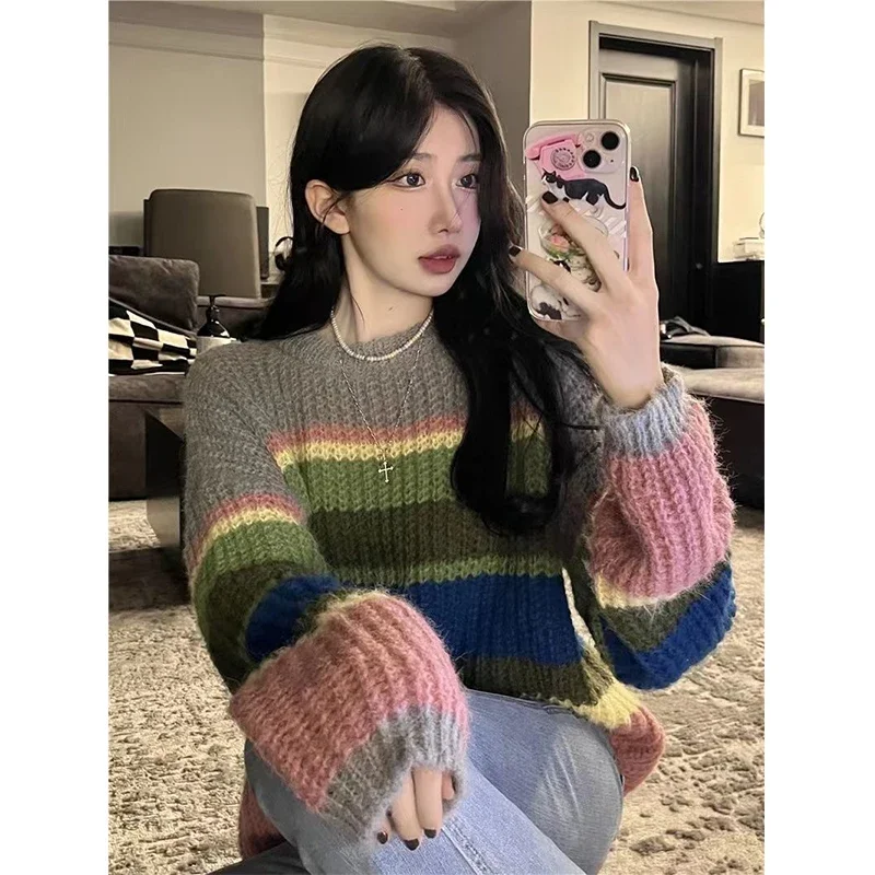 

MEXZT Y2K Striped Sweater Women Streetwear Rainbow Patchwork Knitted Jumper Harajuku Korean Oversized Knitwear Pullovers Tops