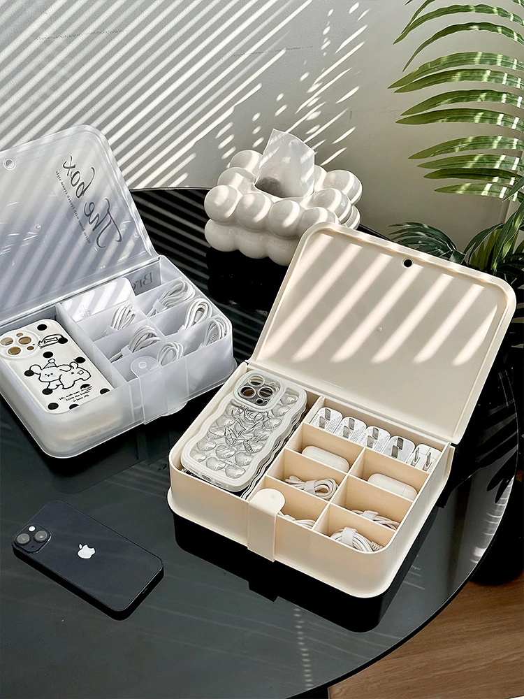 Desktop Storage Box Transparent Dustproof Data Cable Charger Organizer Box Multi Grid Stationery Storage for Office Home