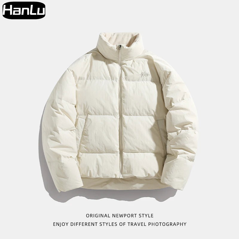 Men's 90 down short standing neck warm and thickened bread jacket Couple fleece patchwork down jacket