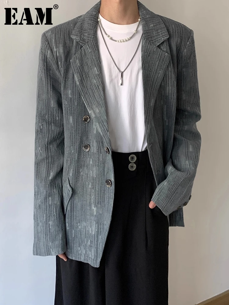 

[EAM] Women Blue Big Size Textured Vintage Blazer New Lapel Long Sleeve Loose Jacket Fashion Tide Spring Autumn 2024 1DH3046