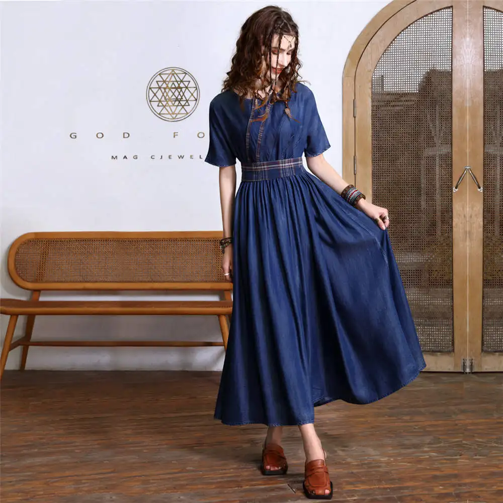 

2022 Women Fashion Plaid Sashes Belt Denim Long Dress Female Elegant Short Sleeves Maxi Dress Summer Clothes Streetwear