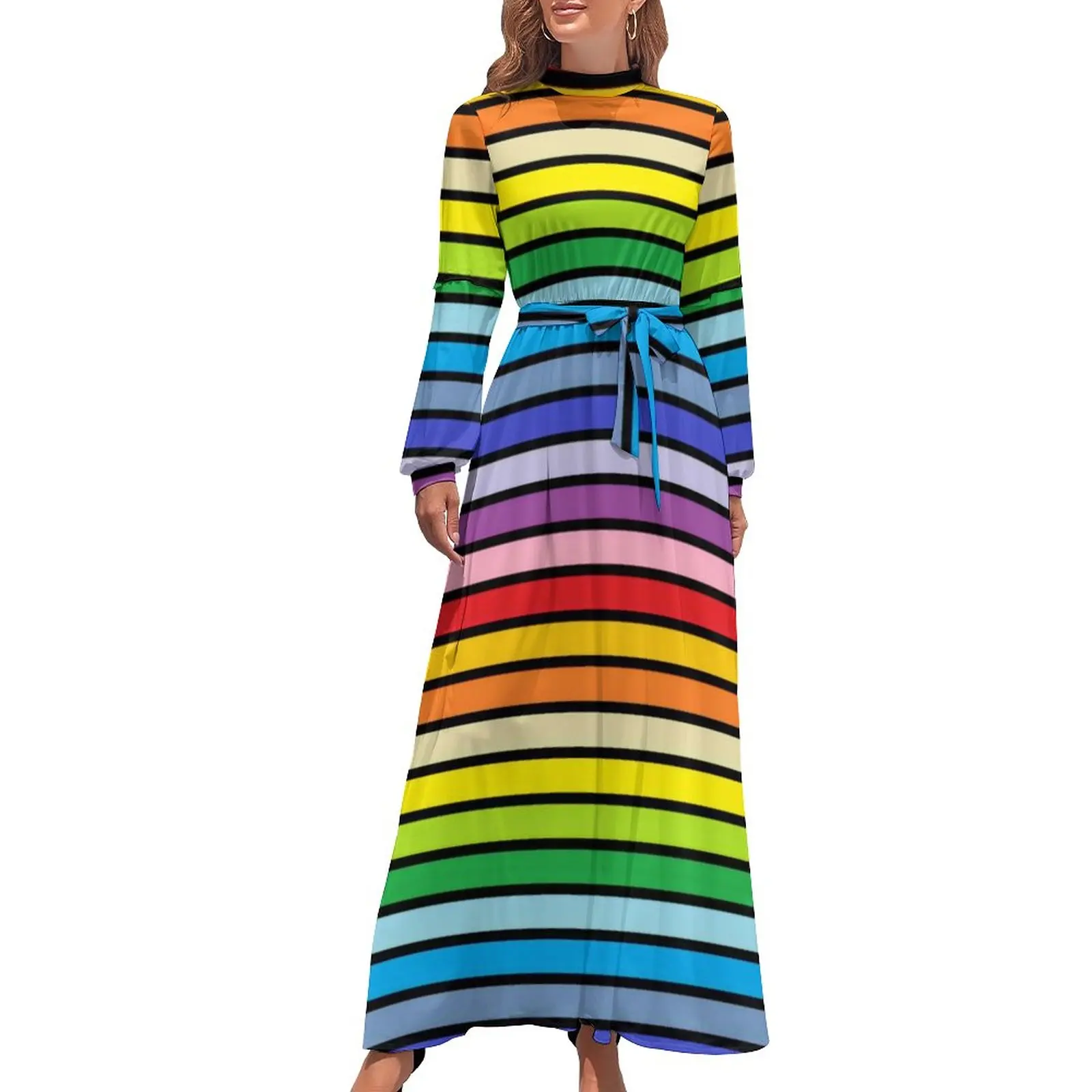 

Rainbow Stripes Dress Black Outlined Broader Spectrum Street Fashion Bohemia Dresses Lady Long Sleeve High Waist Long Maxi Dress