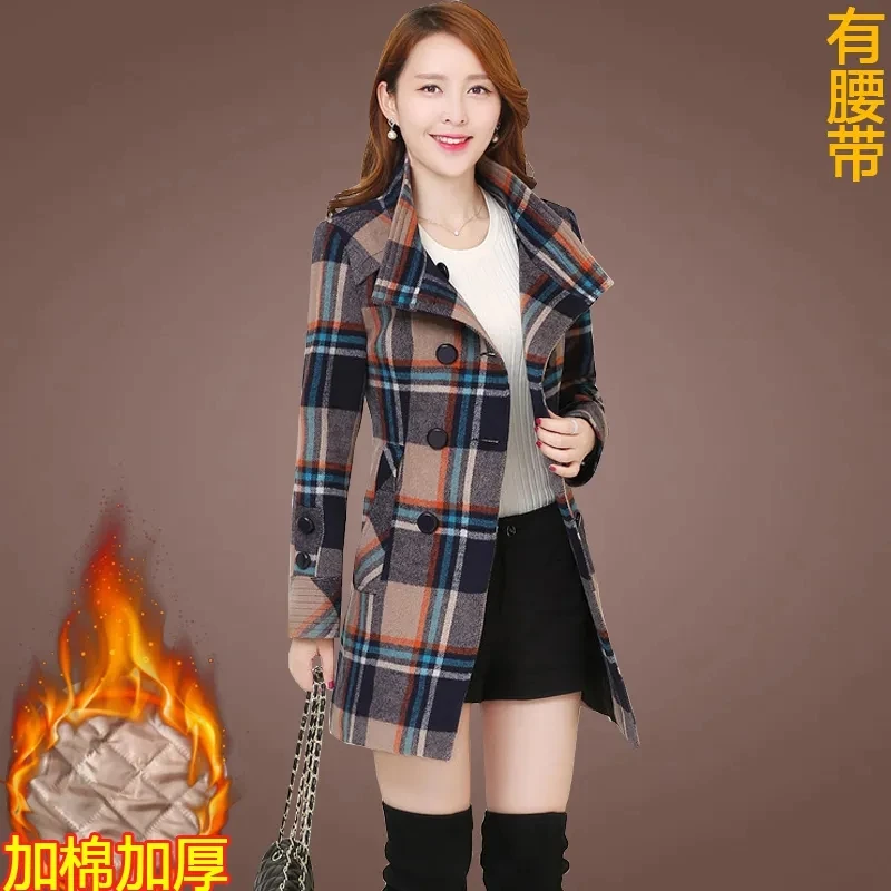 

Lattice Woolen Coat Women's Mid-Long Slim Spring Autumn Women's Plaid Woolen Jackets Belt Female