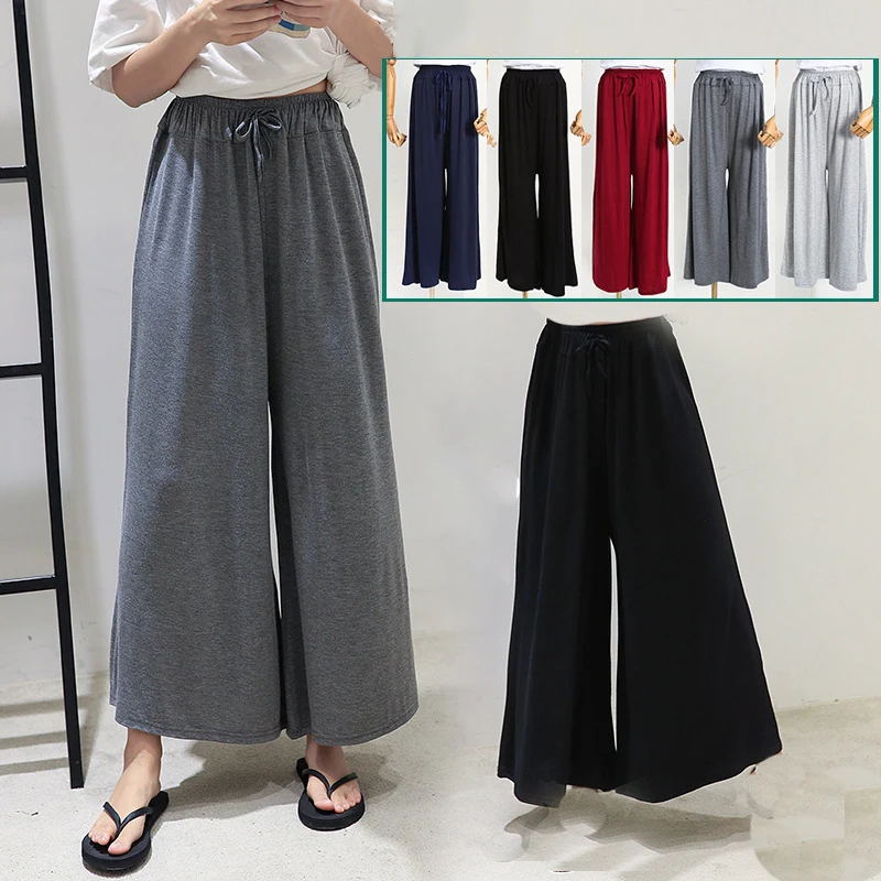 Casual 2025 Lady Trend Elastic Waist Drawstring Lace-up Straight Loose Wide Leg Pants Solid Trouser Summer Solid Women Clothing
