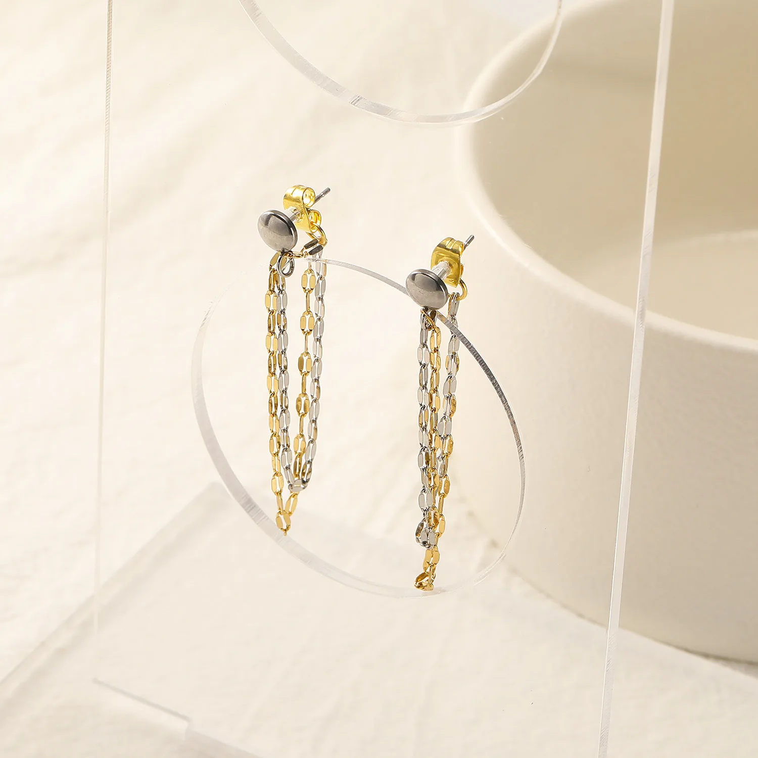 Creative Double Layered Chain Mix Color Dangle Earrings for Women Minimalist Stainless Steel Ear Stud Stylish Jewelry Wholesale