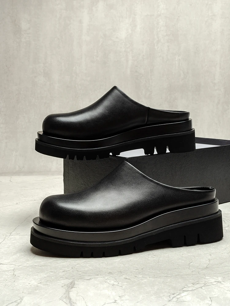 

Businessman Genuine Leather Thick-soled Platform Closed Toe Round Head Half Slippers Men's Summer Outer Wear Increased Mules