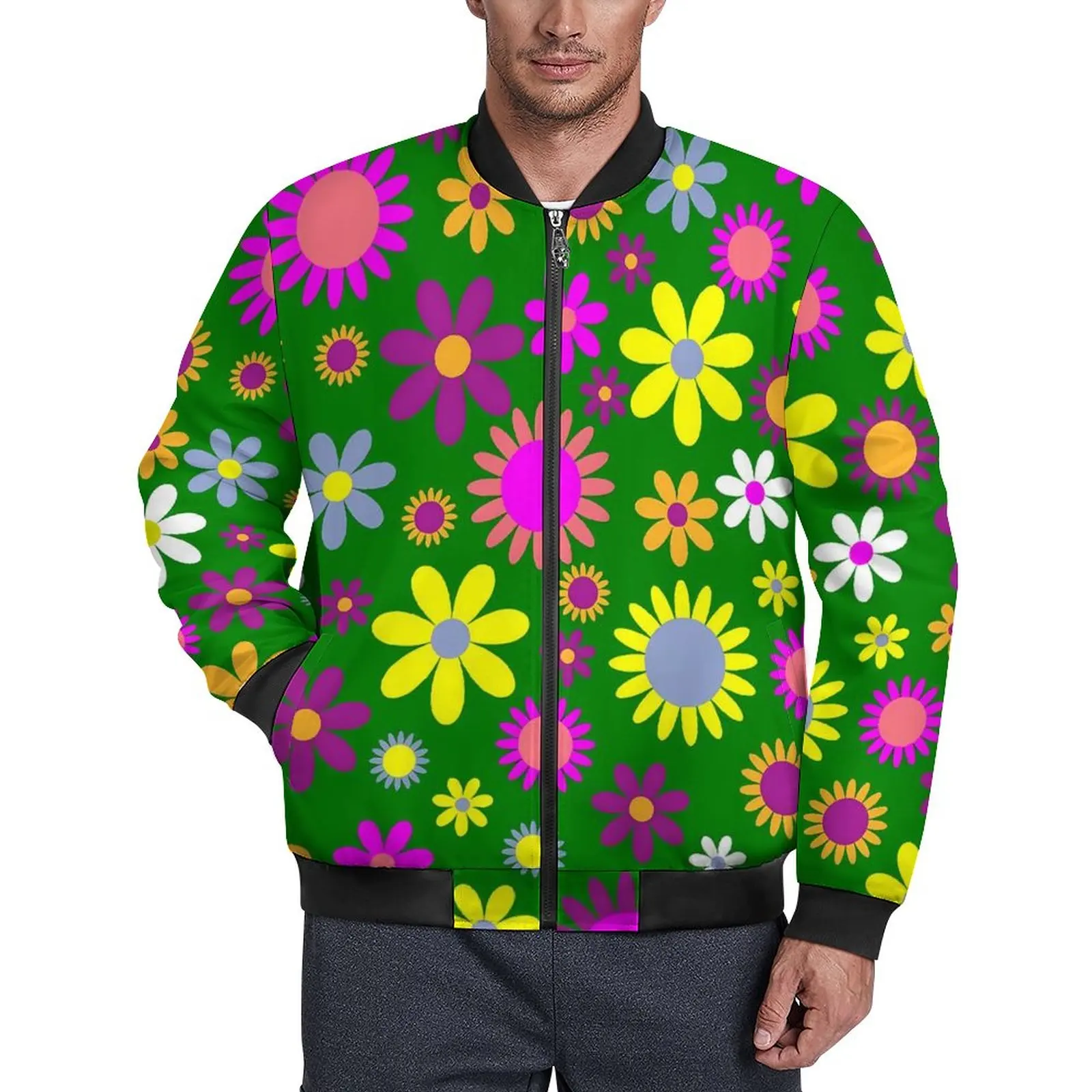 

Flower Power Casual Jackets Bright Floral Zipper Windbreak Men Graphic Coats Autumn Trendy Outdoor Jacket Large Size