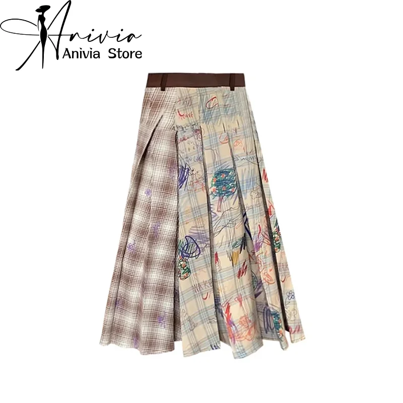 

Women's Patchwork A-Line Plaid Skirt Y2k Long Skirts Harajuku Vintage 90s Aesthetic Graffiti Skirt 2000s Fashion Clothes Summer