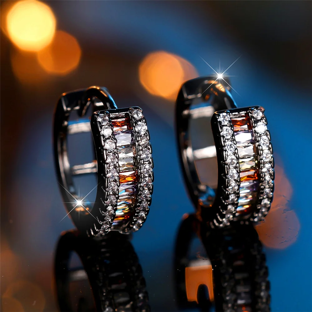 Trendy Crystal Female Small Rainbow Zircon Stone Hoop Earrings Vintage Black Gold Color Wedding Jewelry For Women