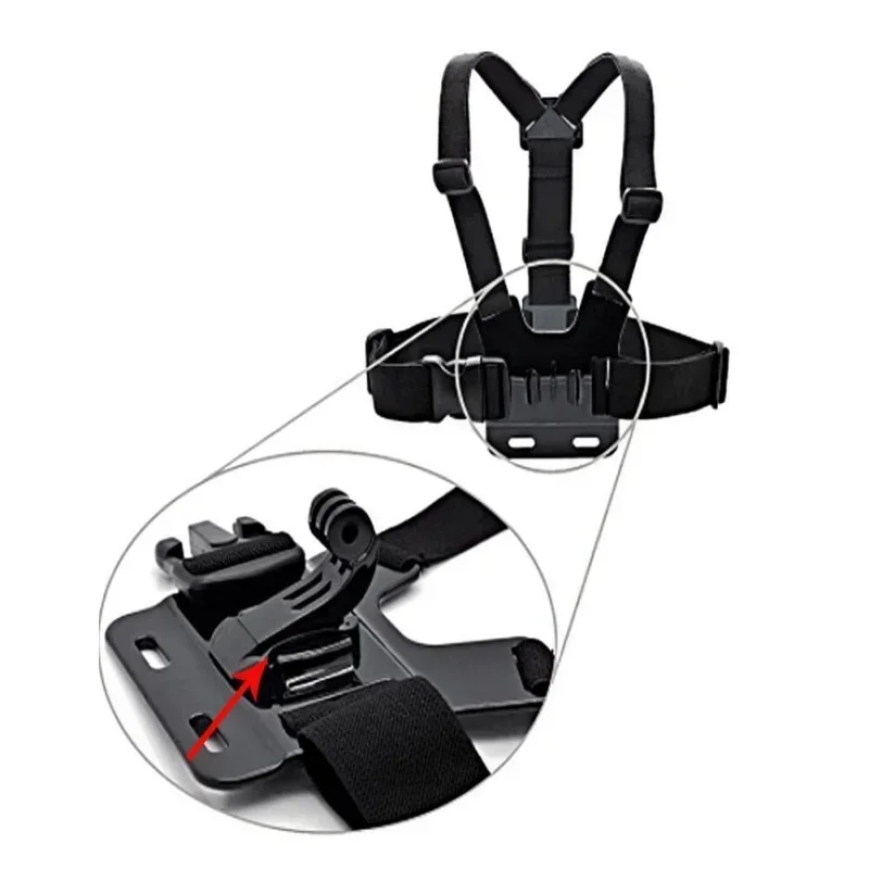 Fixation poitrine avec support J-Hook pour Gopro Hero 13 12 11 DJI Osmo, vue latérale.