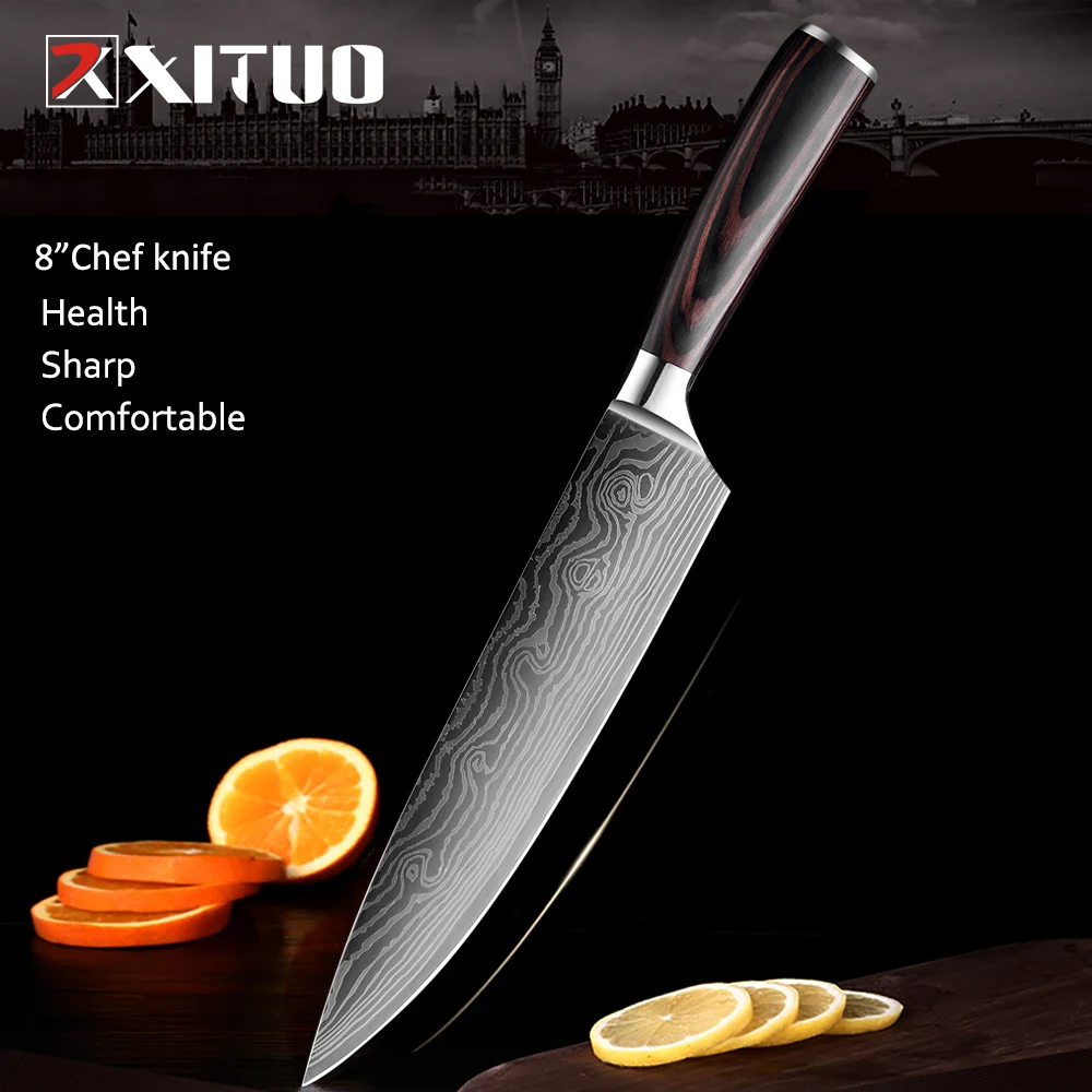 XITUOSharpKitchenKnives8SantokuChefKnifeDamascusPattern