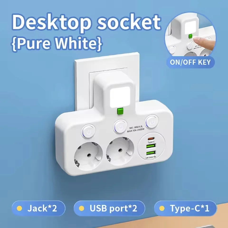 ตัวเลือกสินค้า ปลั๊กพ่วง EU 4 ช่อง 2 USB 1 Type-C สวิตช์แยก ไฟกลางคืน