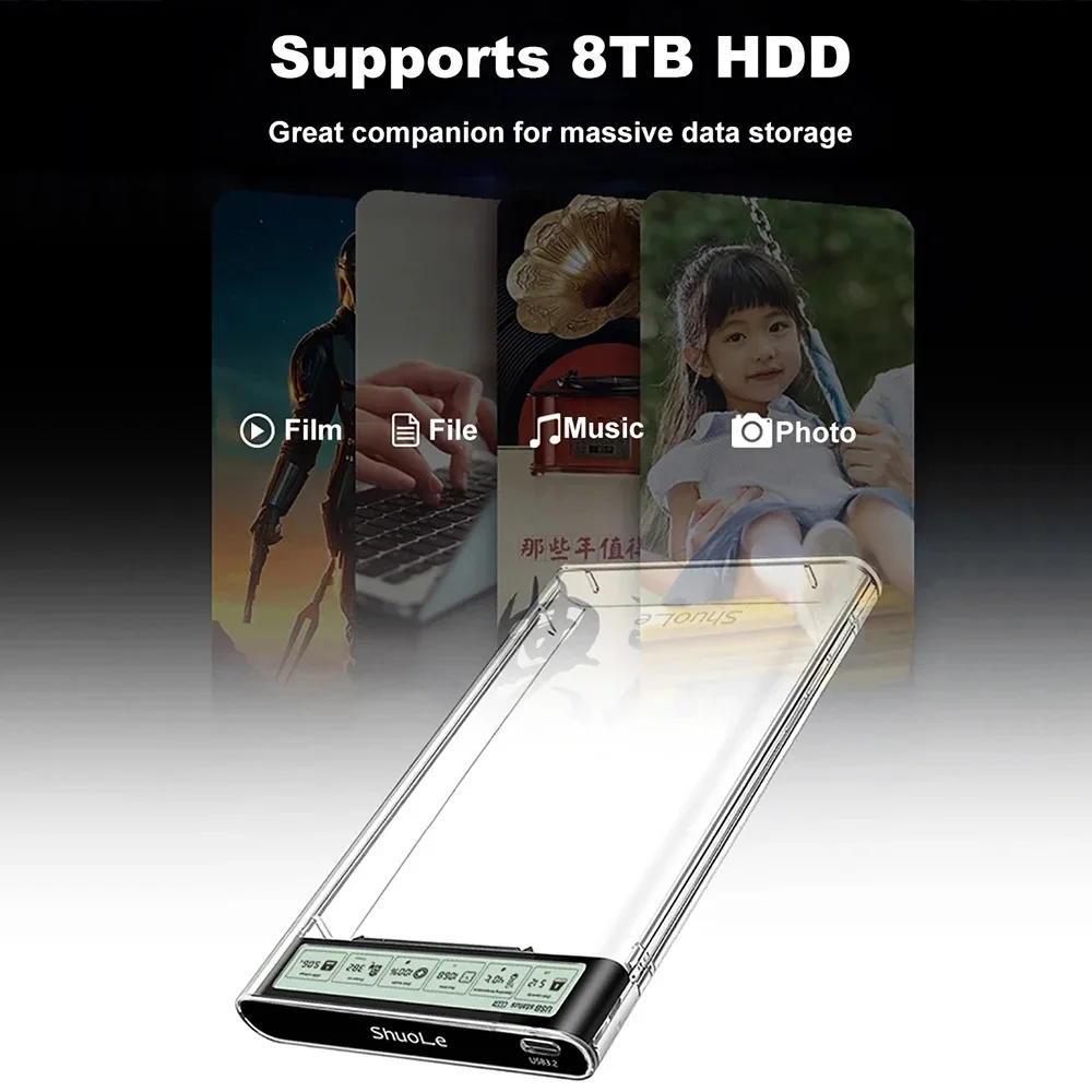 KEBIDU 2.5'' HDD SSD 케이스 스마트 디스플레이 외장 HDD 인클로저 USB3.2 Gen2 하드 드라이브 노트북 PC용 투명 휴대용 스토리지 케이스 ,2.5'' HDD SSD Case Smart