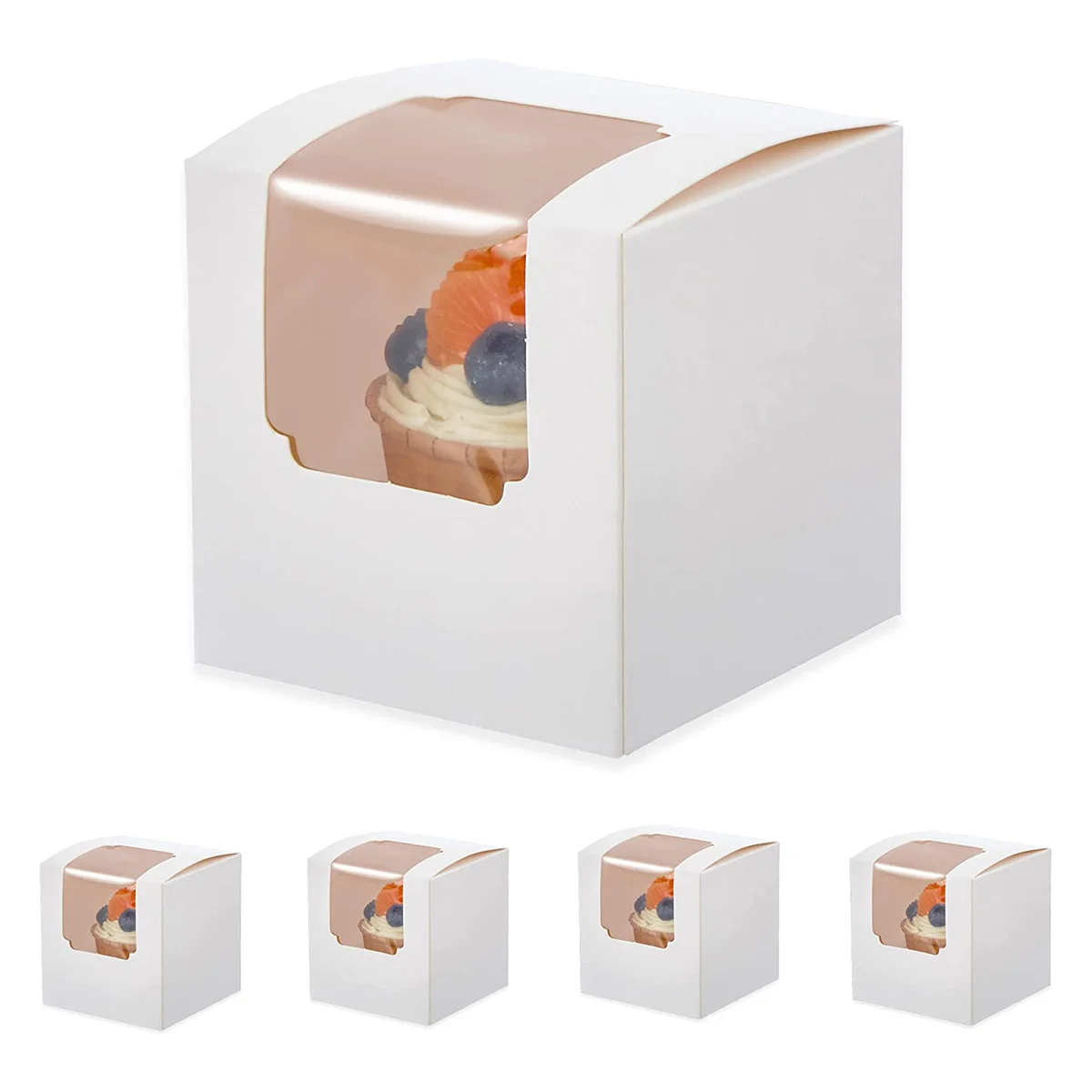 

100Pcs White Cupcake Box Individual with Insert, Small Single Favor Pastry Treat Boxes with Clear Window