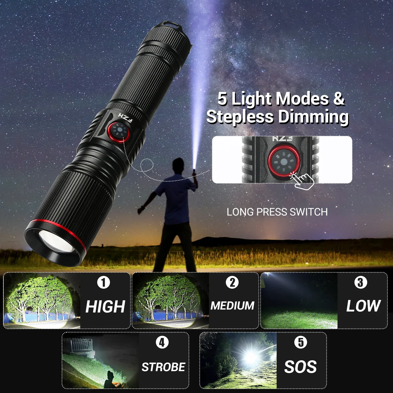 Lampe Torche LED Skywolfeye 2000LM T6 Zoom USB, 3 Modes, Noir, Avec Batterie 18650