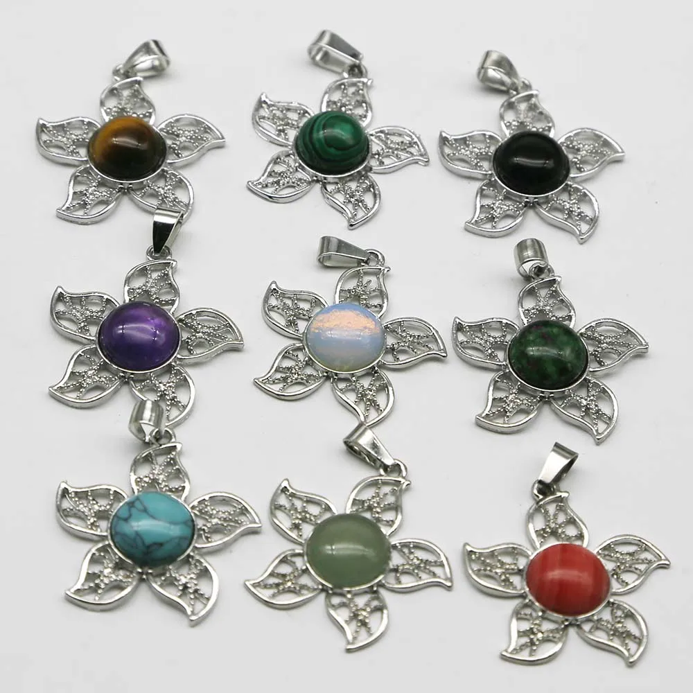 Quality Natural Stone Round Crystal Agate Alloy Hollow Petal Necklace Pendant Simple Fashion Jewelry Accessories Wholesale 12Pcs