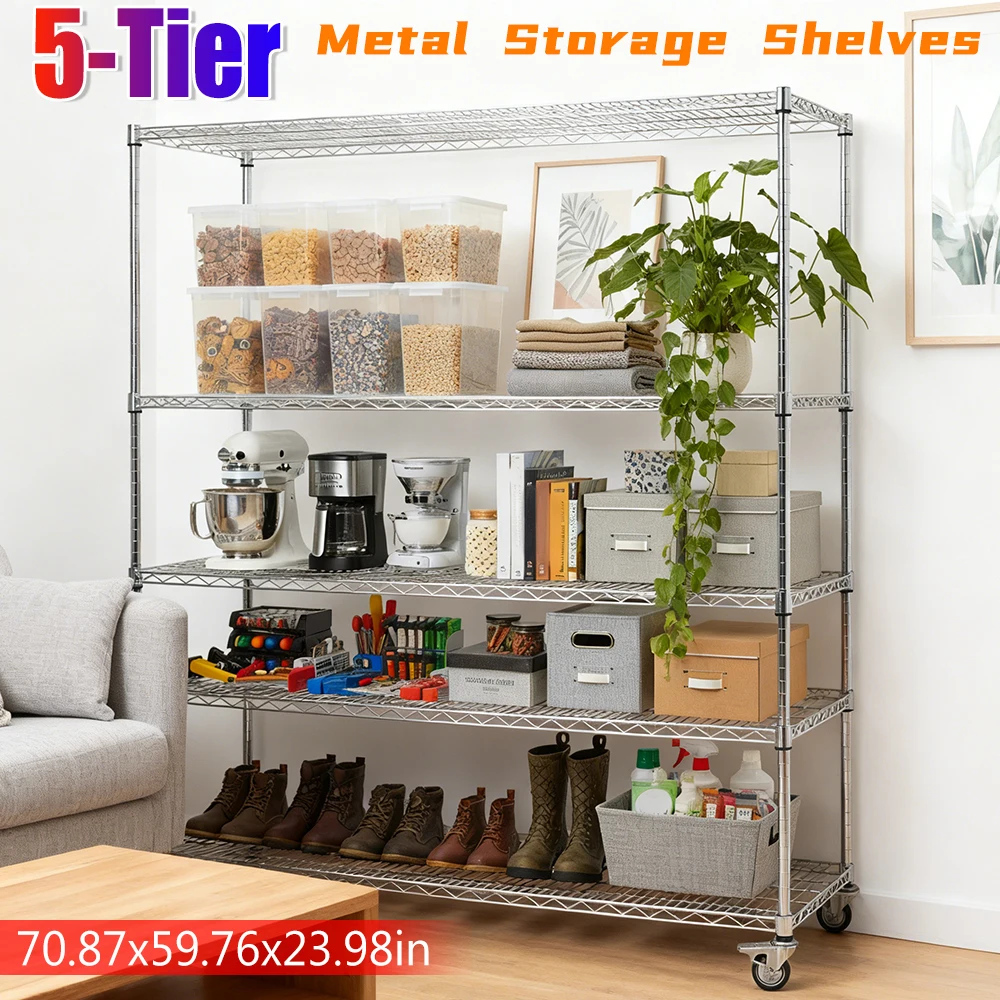 5Tier Heavy Duty Metal Shelves Storage Shelving with Wheels Commercial Shelving Unit Garage Rack Pantry Shelves Kitchen Shelving