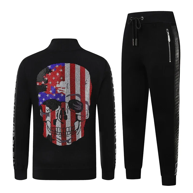 

Men's Casual Jacket Set Fashion Colorful Skull Pattern Zipper Cardigan Pants Trendy Two Piece Clothing