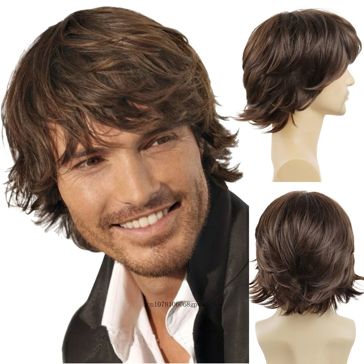 Brown Wigs for Men Synthetic Short Wig with Bangs Wave Haircut Shaggy Hair Tail Daily Male Wig Heat Resistant Adjustable Cap