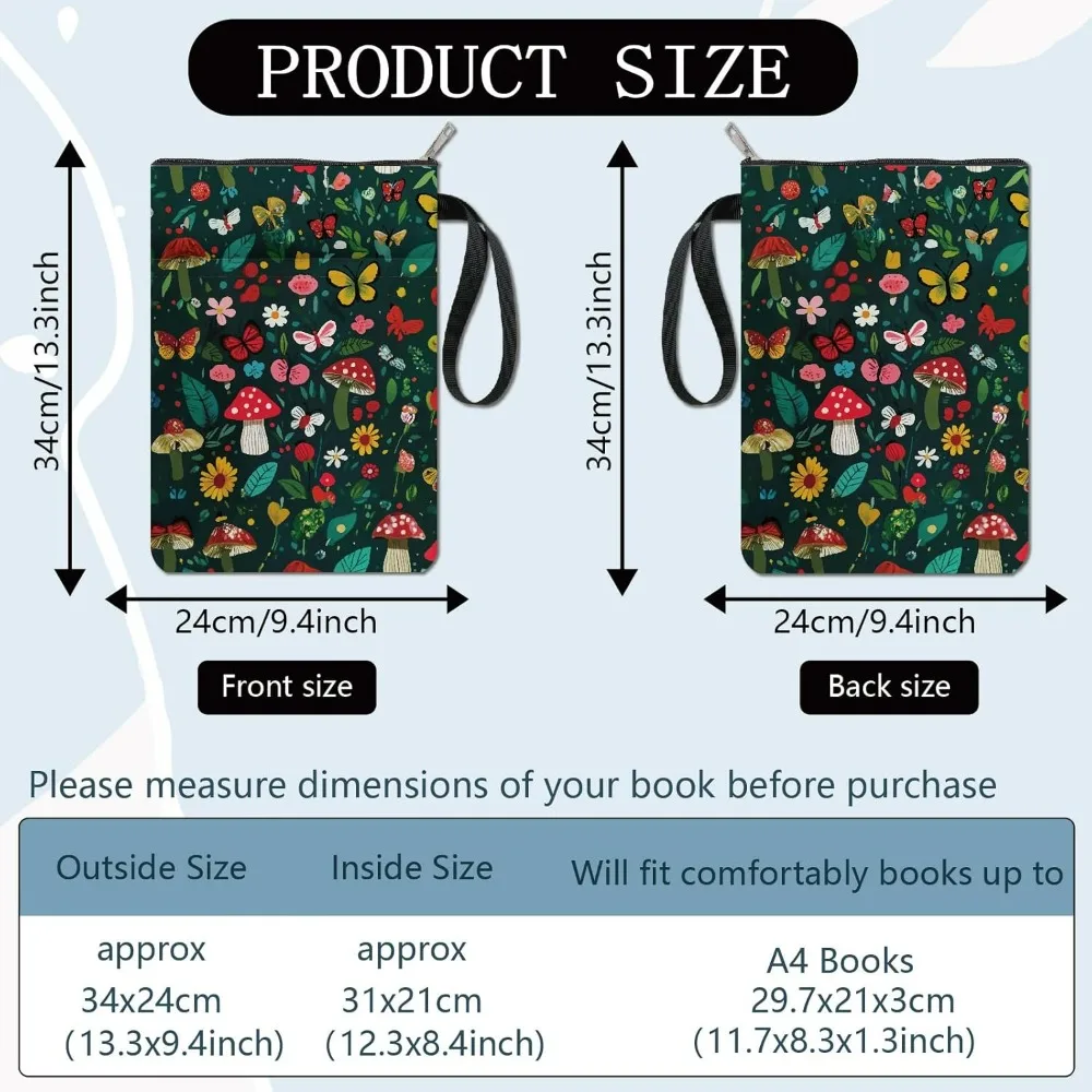 Mushroom Book Covers Flower Book Protector Green Sleeve for Paperbacks Washable Fabric Cloth Cover with Zipper